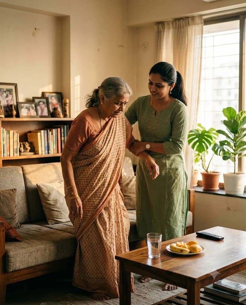 Compassionate caregiver assisting elderly woman at home in Mumbai